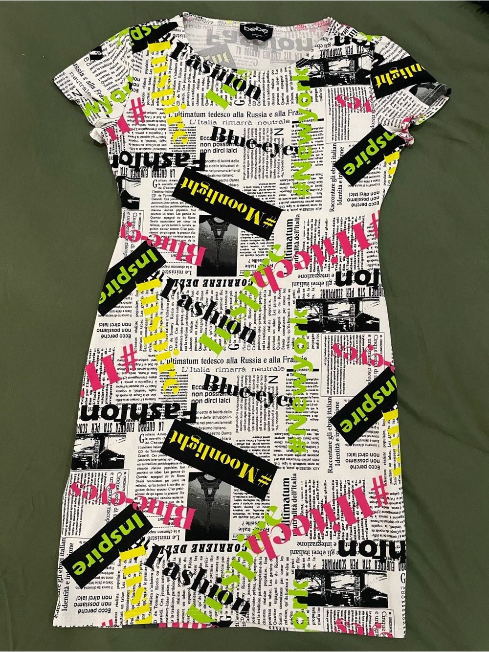 ✨ Bebe Y2K vintage bodycon newsprint black white XS mini dress// NWOT unwor